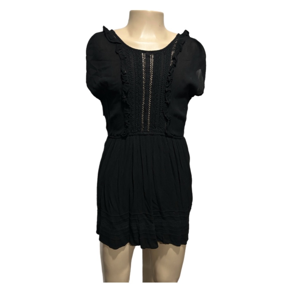 Women’s Dress with Faux Wrap Back and Lace Embellished Front in Black